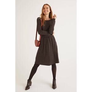 BODEN Abigail Ruched-Waist Long-Sleeve Dress in Black Confetti Print Size 2P